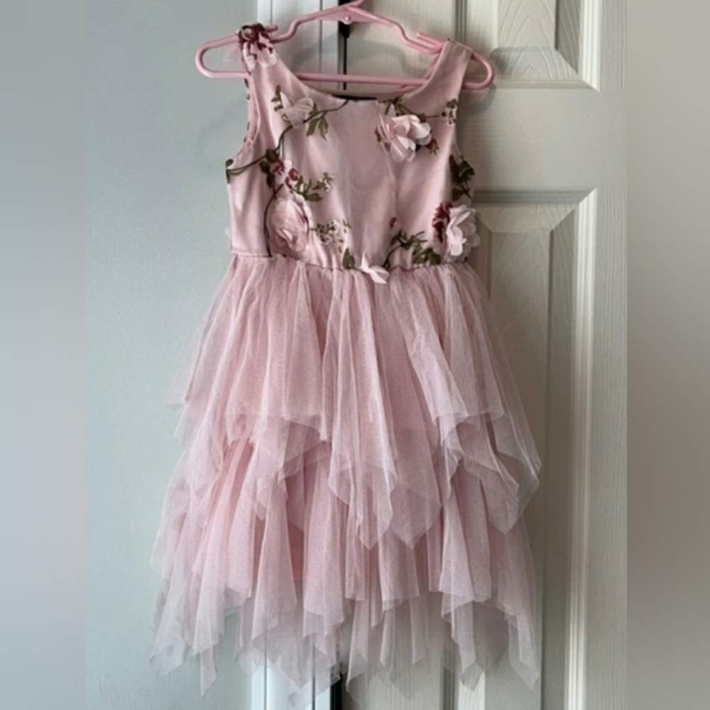 Zunie pink green hi-low 3D flower floral girl dress gown 12 14